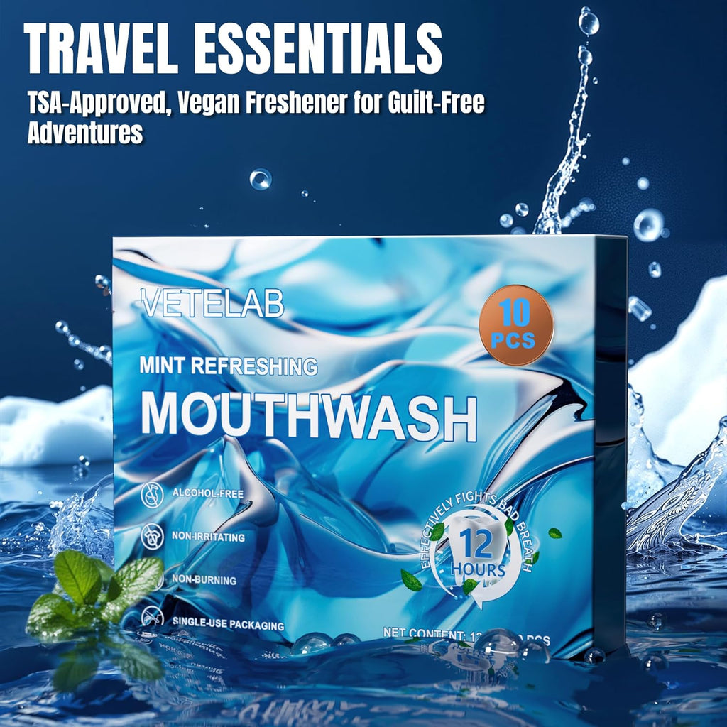 Portable Travel Size Mouthwash Packets - TSA-Approved Mini Mint Mouthwash for Adults, Alcohol & Fluoride-Free Oral Care for Air Travel, Dates & Office, 10 Individually Wrapped 0.4oz Packs