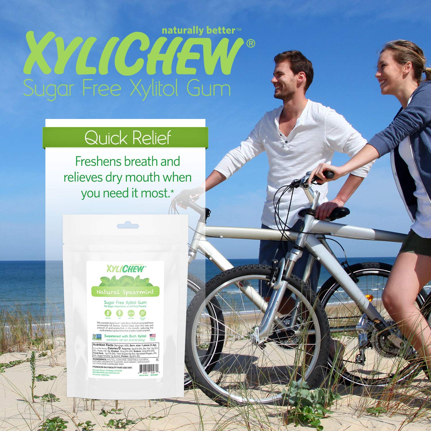 Xylichew 100% Xylitol Chewing Gum - Non GMO, Non Aspartame, Gluten Free, and Sugar Free Gum - Natural Oral Care, Relieves Bad Breath and Dry Mouth - Spearmint, 500 Count