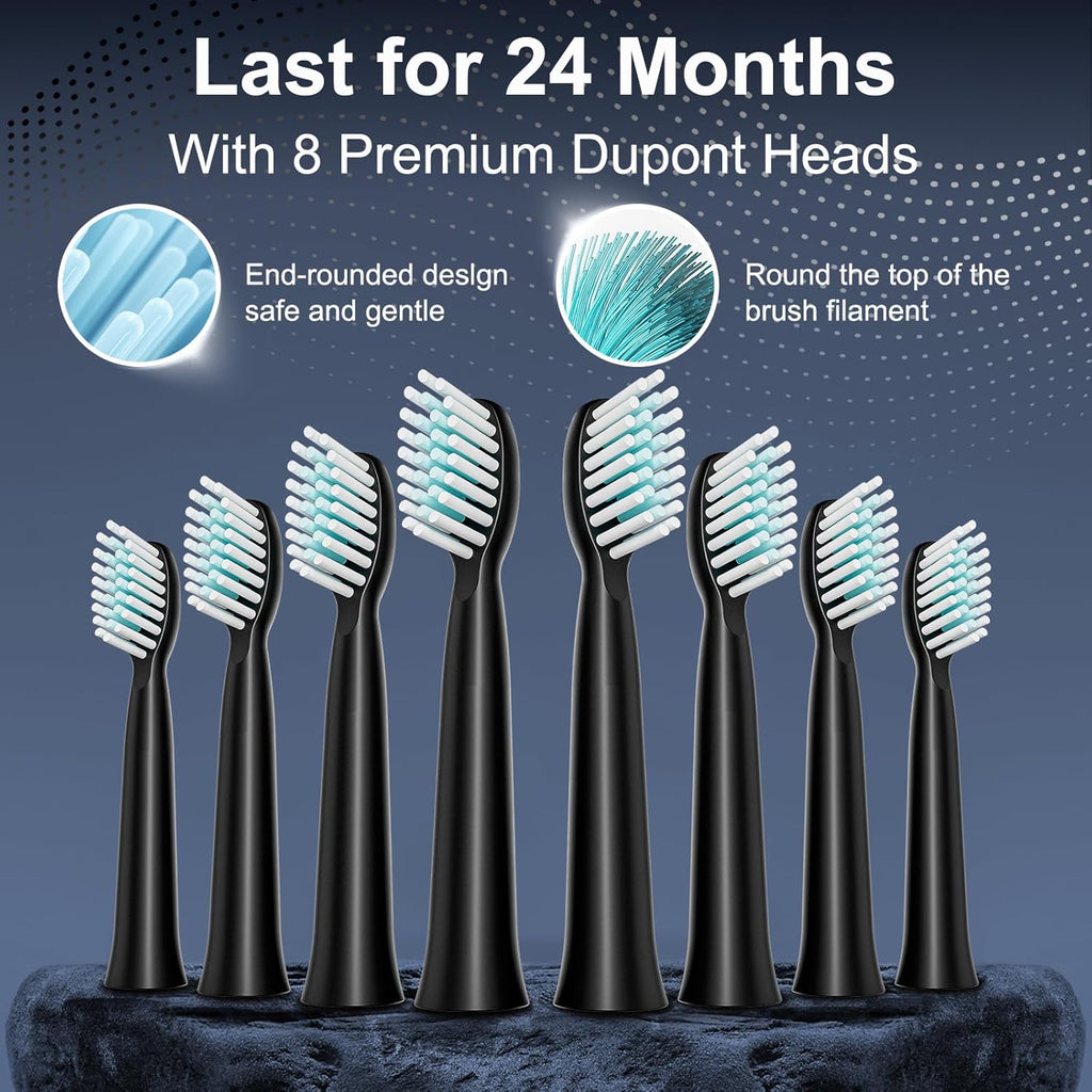 Rechargeable Electric Toothbrush, 8 Brush Heads, with 100 Day Battery Life, 5 Cleaning Modes, Fast Type-C Charging, Comes with Portable Travel Case & Holder, Black