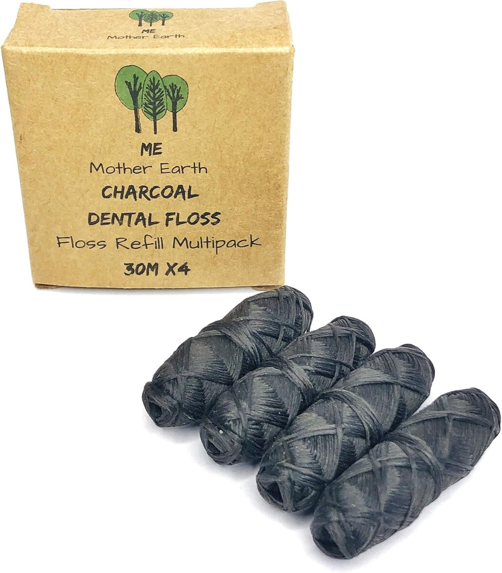 Vegan Biodegradable Bamboo Charcoal Dental Floss Refill Refill | Natural Candelilla Wax | 30M x4 | Peppermint Essential Oil | Eco Friendly Zero Waste Oral Care | 4 Pack
