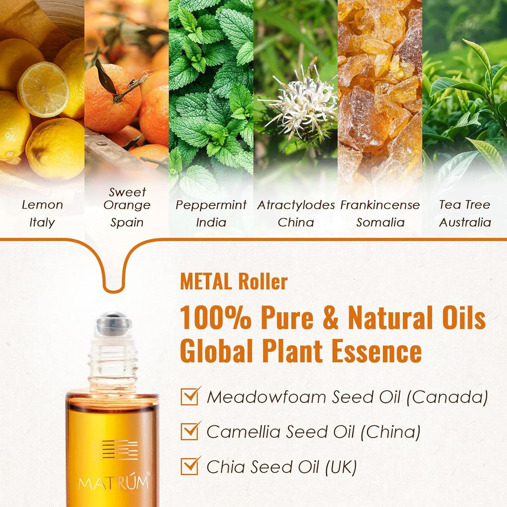 MATRUM Breathe Essential Oil Roll On, 100% Pure Fresh Mint Citrus Aromatherapy Blend Oil for Clear Breathing & Uplifting, Headache Relief, Calm & Focus, Metal Roller, 0.5 Fl Oz