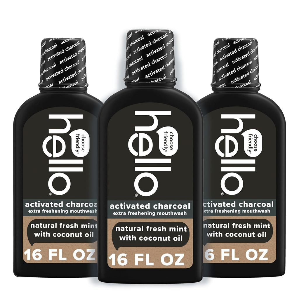 Hello Activated Charcoal Extra Freshening Mouthwash, Natural Fresh Mint and Coconut Oil, Fluoride Free, Alcohol Free, Vegan, SLS Free and Gluten Free, 16 Fl Oz (Pack of 3)