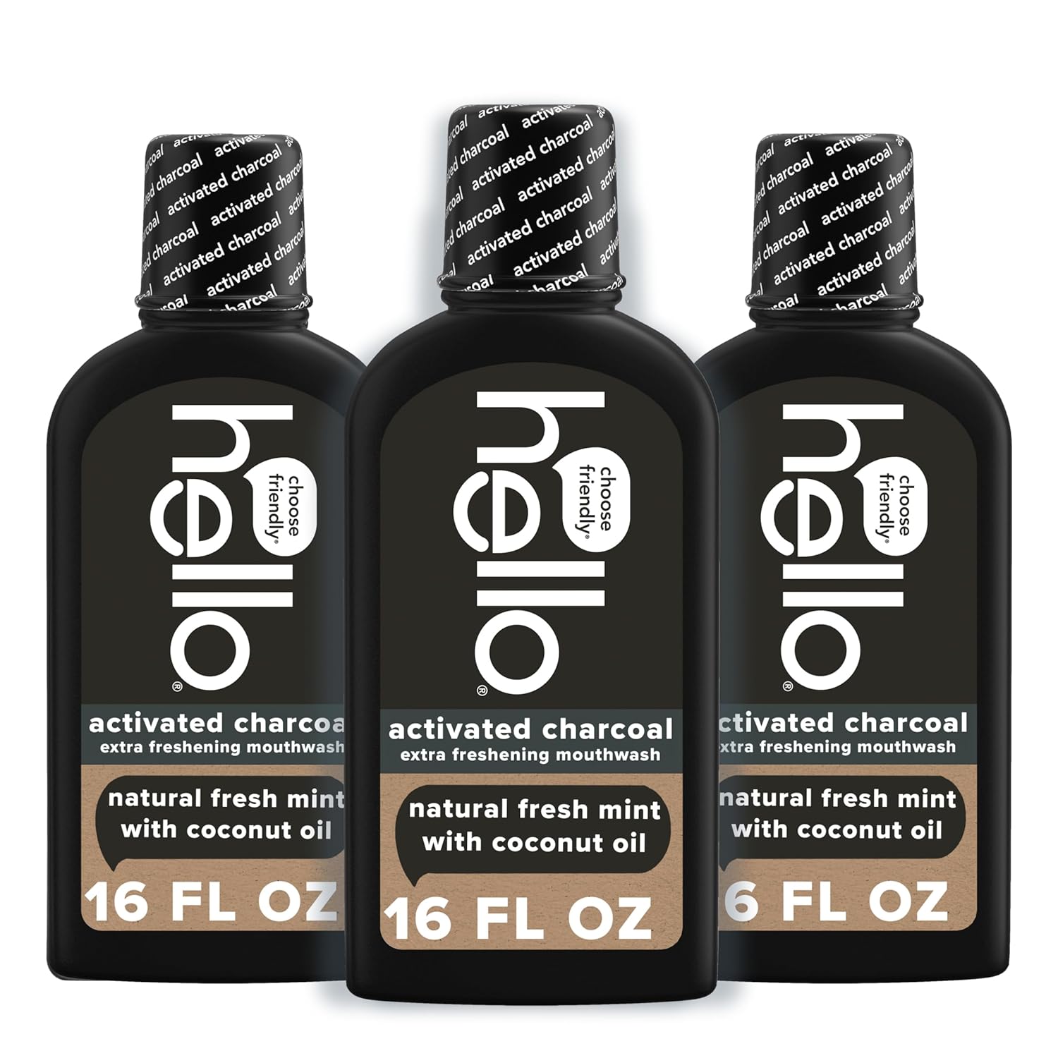 Hello Activated Charcoal Extra Freshening Mouthwash, Natural Fresh Mint and Coconut Oil, Fluoride Free, Alcohol Free, Vegan, SLS Free and Gluten Free, 16 Fl Oz (Pack of 3)