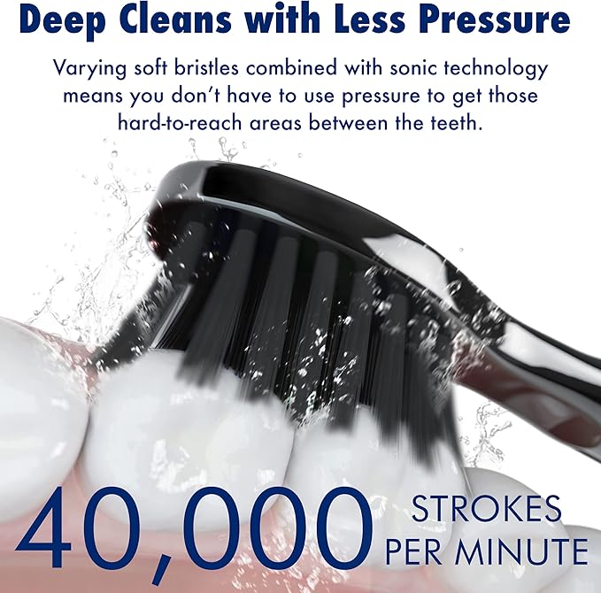 Sonic-FX Solo Electric Toothbrush w/ 10 Brush Heads + 1 Interdental, Charcoal Bristles, Rechargeable, Charging/Storage Base, 3 Brush Modes, Smart Timer, 2 Months Use on Full Charge, Black Color