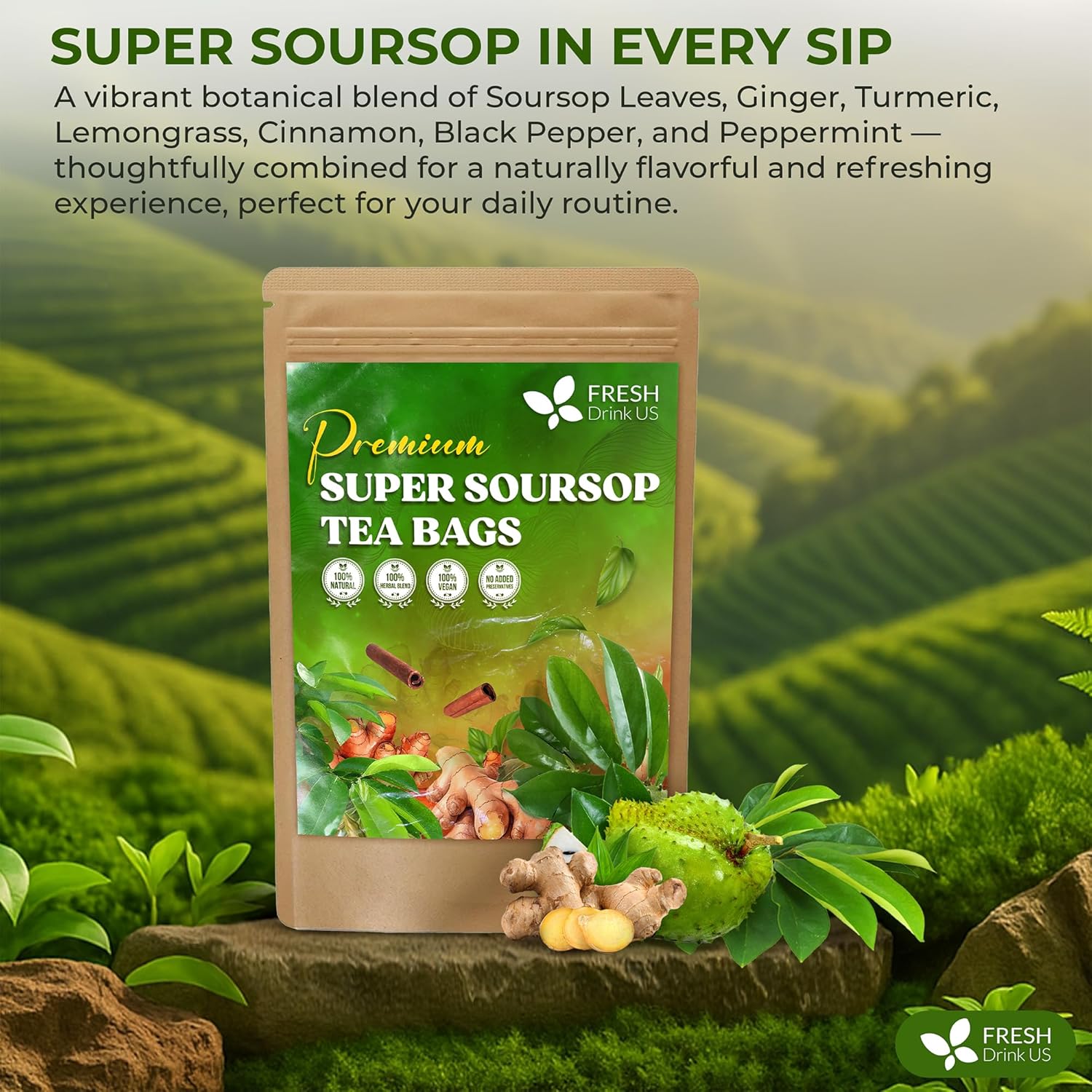 FreshDrinkUS, Super Soursop Herbal Tea – 40 Tea Bags | Soursop, Ginger, Turmeric, Lemongrass, Cinnamon, Black Pepper & Peppermint | Caffeine-Free, Natural Flavor, Plant-Based Blend | Sugar-Free
