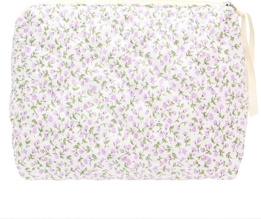 PAZIMIIK Quilted Makeup Bag Large Travel Zipper Soft Cosmetic Pouch for Women Girls Make Up,Floral Purple
