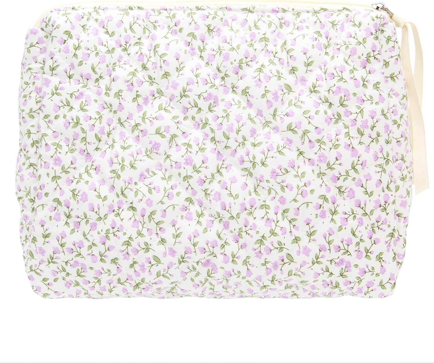 PAZIMIIK Quilted Makeup Bag Large Travel Zipper Soft Cosmetic Pouch for Women Girls Make Up,Floral Purple