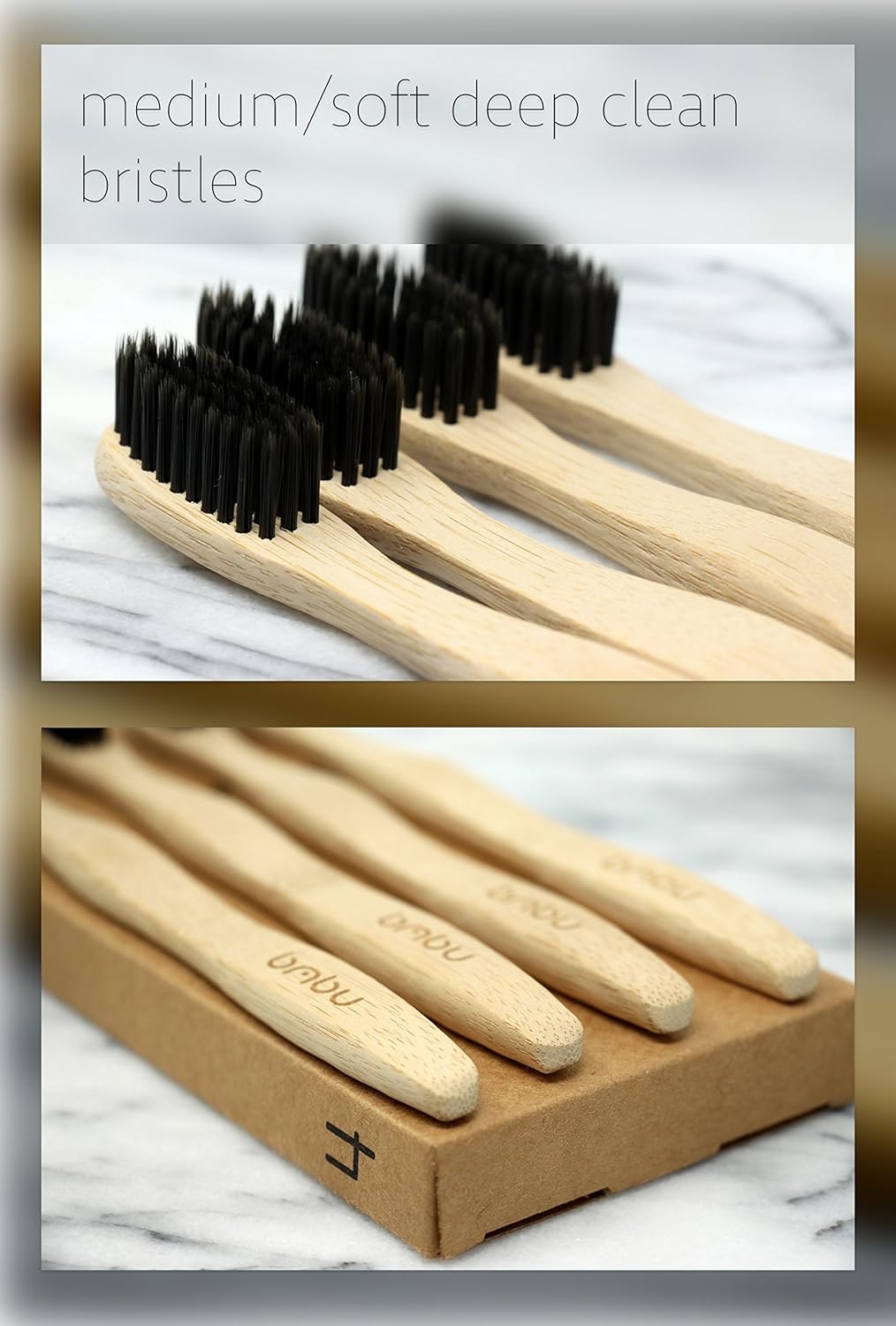 bmbu Bamboo Toothbrush 4 Pack - Medium/Soft Charcoal Bristles Tooth Brushes Wooden Handle - BPA Free, Eco Friendly, Vegan Product Gift Idea, Sustainably Grown in Recycled Biodegradable Packaging