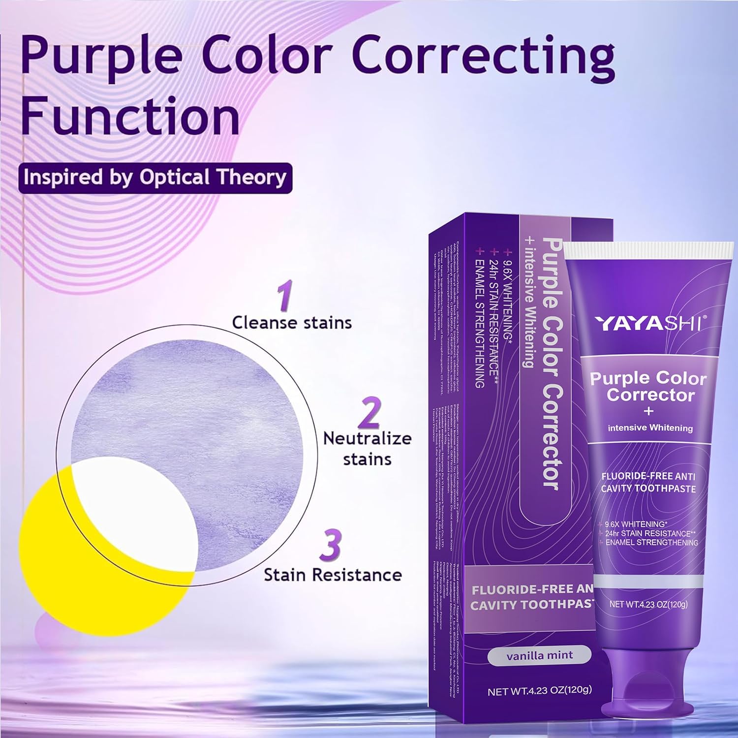 Purple Color Corrector Whitening Toothpaste, Fluoride-Free,Deep Stain Remover Toothpaste, Plaque Remover for Teeth,freshens Breath,Vanilla Mint