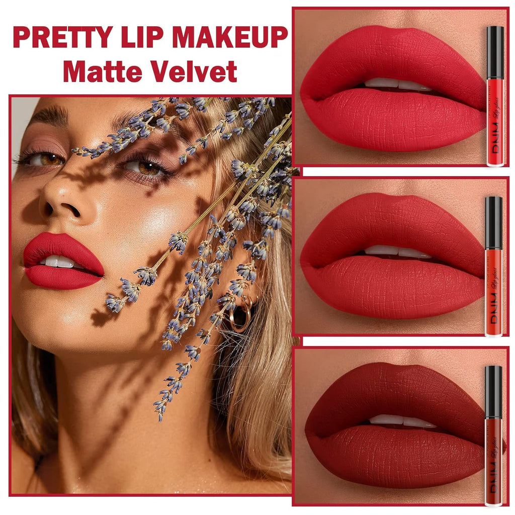 AMY'S DIARY 3Pcs Bright Red Matte Liquid Lipstick Sets, Lip Stain Long Lasting 24 Waterproof Lip Gloss Gift Set Matt Makeup for Women Lippies (05)