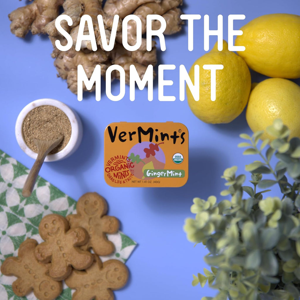 VerMints Organic Breath Mints GingerMint - Real Ginger Flavored Candies - Travel Size Tin - Non-GMO, Nut Free, Gluten Free, Vegan, Kosher Organic Candy Mints - 1.41oz Tins (Pack of 6)