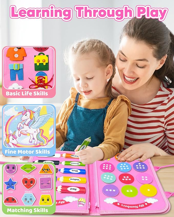 Busy Board Montessori Toys for Toddler Girl Birthday Gifts, Busy Book Sensory Learning Toys for Toddlers, Educational Activities Airplane Car Travel Toy for Girls