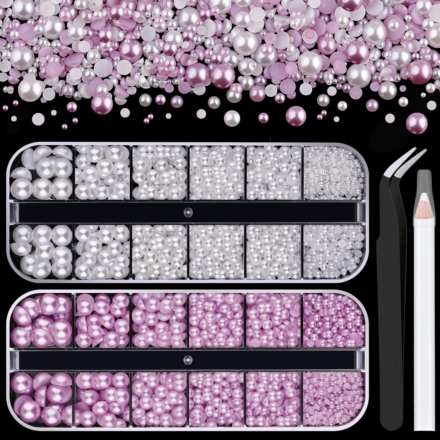 2 Boxes Flat Back Pearls Kit 2 Flatback White&Light Purple Half Round Pearls with Pencil and Tweezer 2-8mm for Face Makeup and Craft
