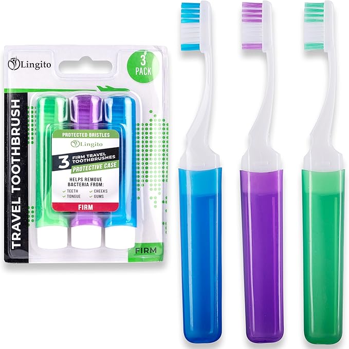 Lingito Mini Travel Toothbrushes with Cover - 3 Pack Firm, Portable, Adults Camping Toothbrush Kit