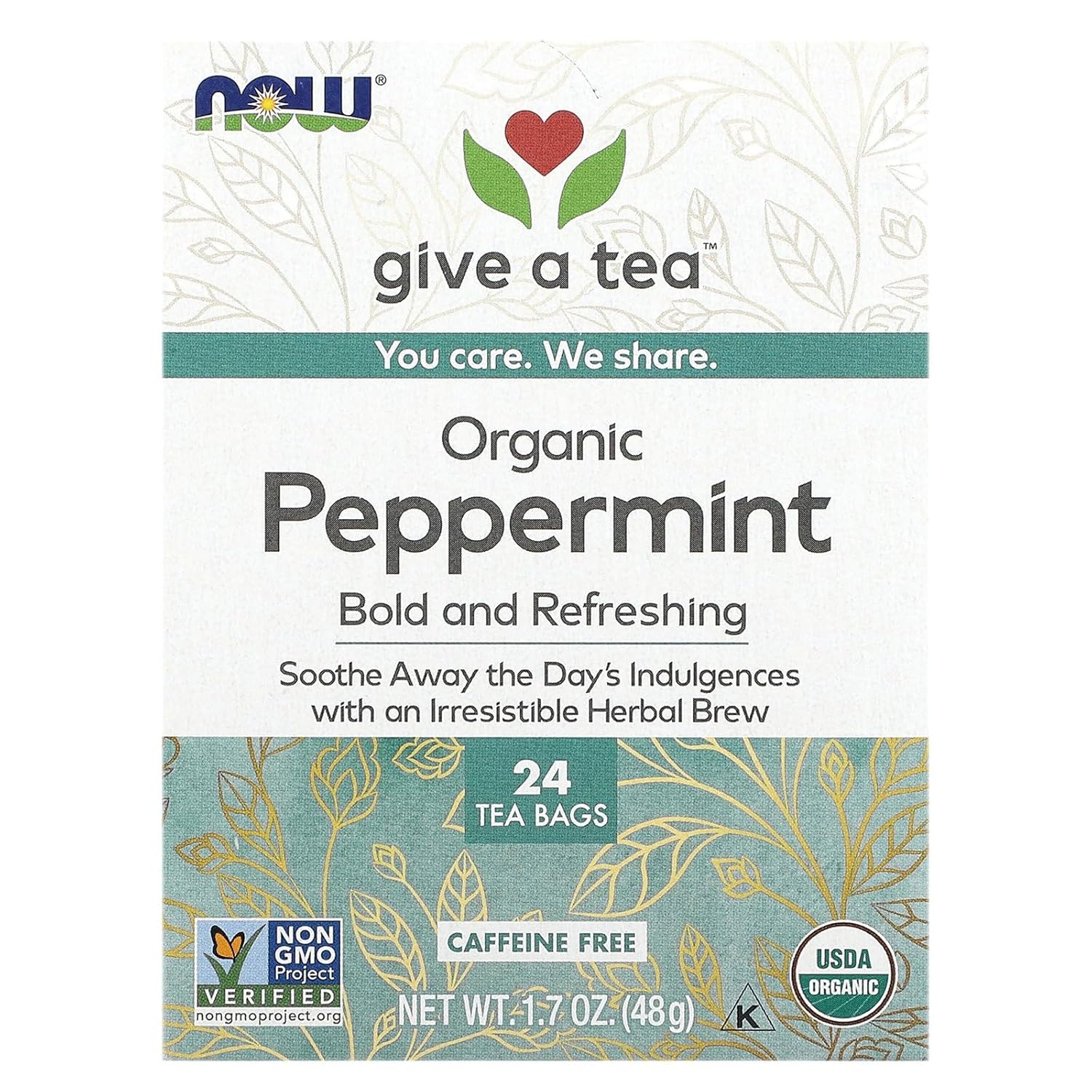 Organic Peppermint Tea, Caffeine Free, 24 Tea Bags, 1.7 oz (48 g), NOW Foods