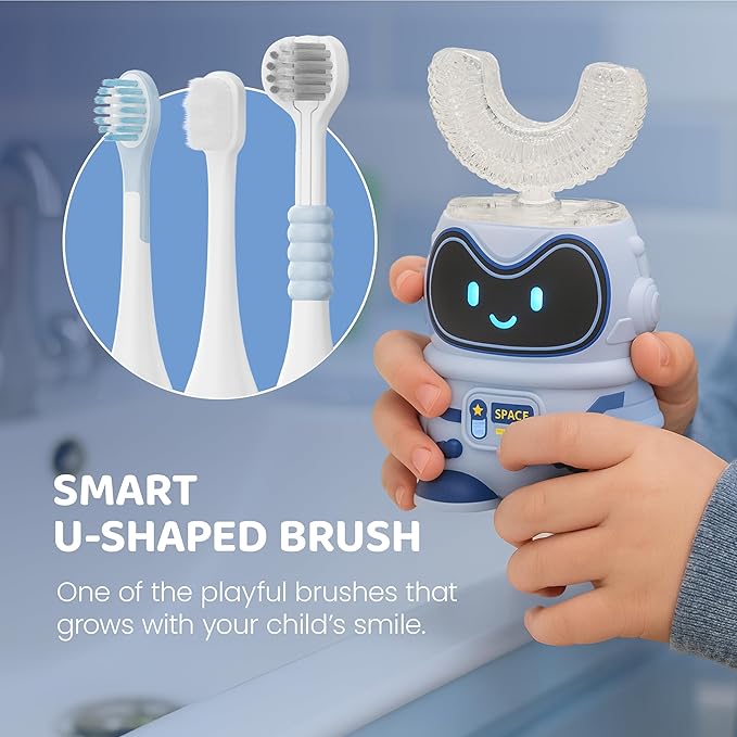 Well Before Ultrasonic Kid's U-Shaped Electric Toothbrush, IPX7 Waterproof, Five Cleaning Modes (Spaceman, Blue Ages 2-7)