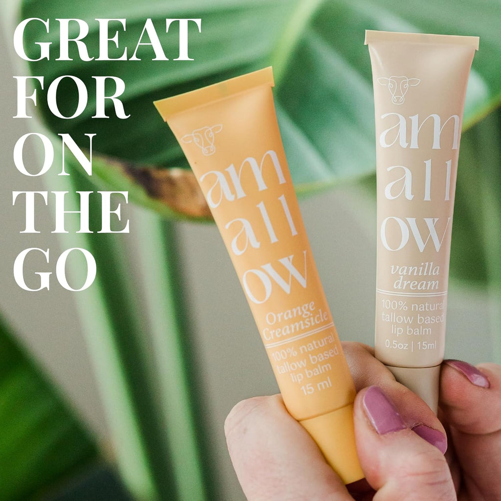 Amallow All Natural Tallow Lip Balm Squeezable Tube - Grass Fed/Finished Beef Tallow + Organic Beeswax & Vanilla & Orange Essential Oils .5 OZ (Orange Creamsicle)
