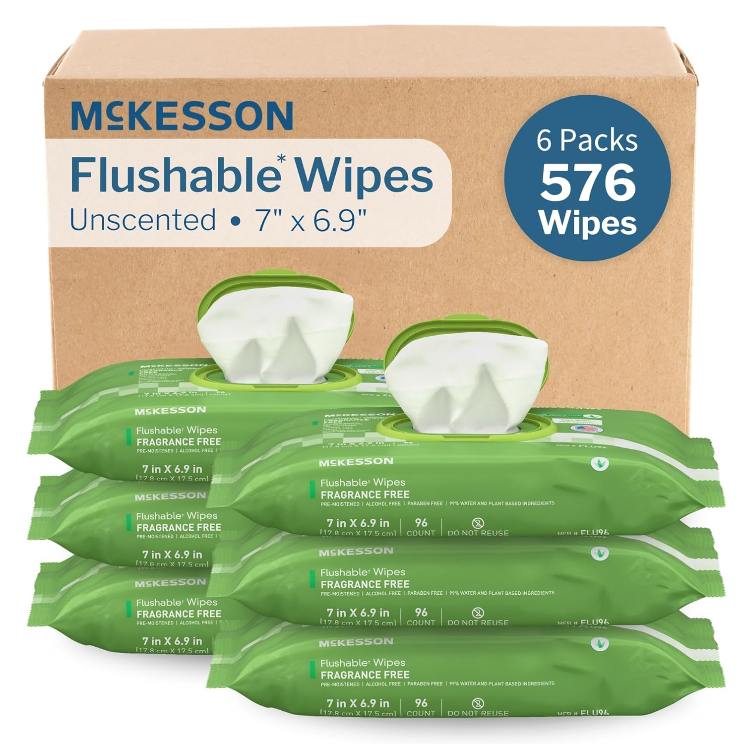 McKesson Flushable* Adult Wet Wipes – 576 Wipes (6 Pack of 96) – Aloe & Vitamin E, Plant-Based Cleansing Wipes, Unscented