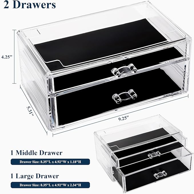 Sea Team Clear Makeup Organizer with Drawers, Acrylic Plastic Cosmetic Display Case, Jewelry Storage Box, Holder for Dresser, Bathroom, Vanity, Countertop (1 Large, 1 Middle Drawers)