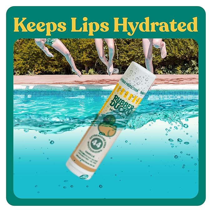 Rubber Ducky Lip Sunscreen SPF 44, Kids Vegan Lip Balm with Vitamin E, UV Protection, Water Resistant, Untinted, Vanilla Flavor, Broad Spectrum
