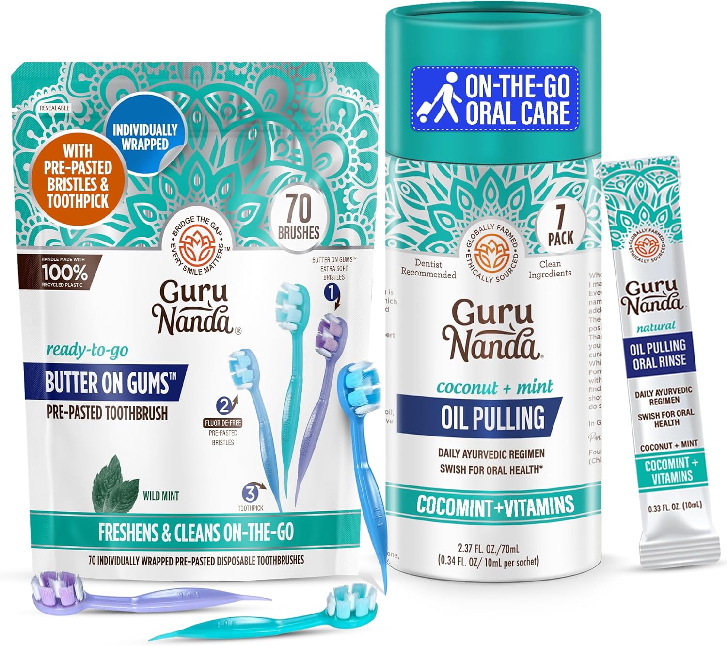 GuruNanda Travel-Ready Oral Care Bundle – 70ct Disposable Pre-Pasted Toothbrushes & 7 Coconut Oil Pulling Sachets for Fresh Breath & Clean Smiles on The Go