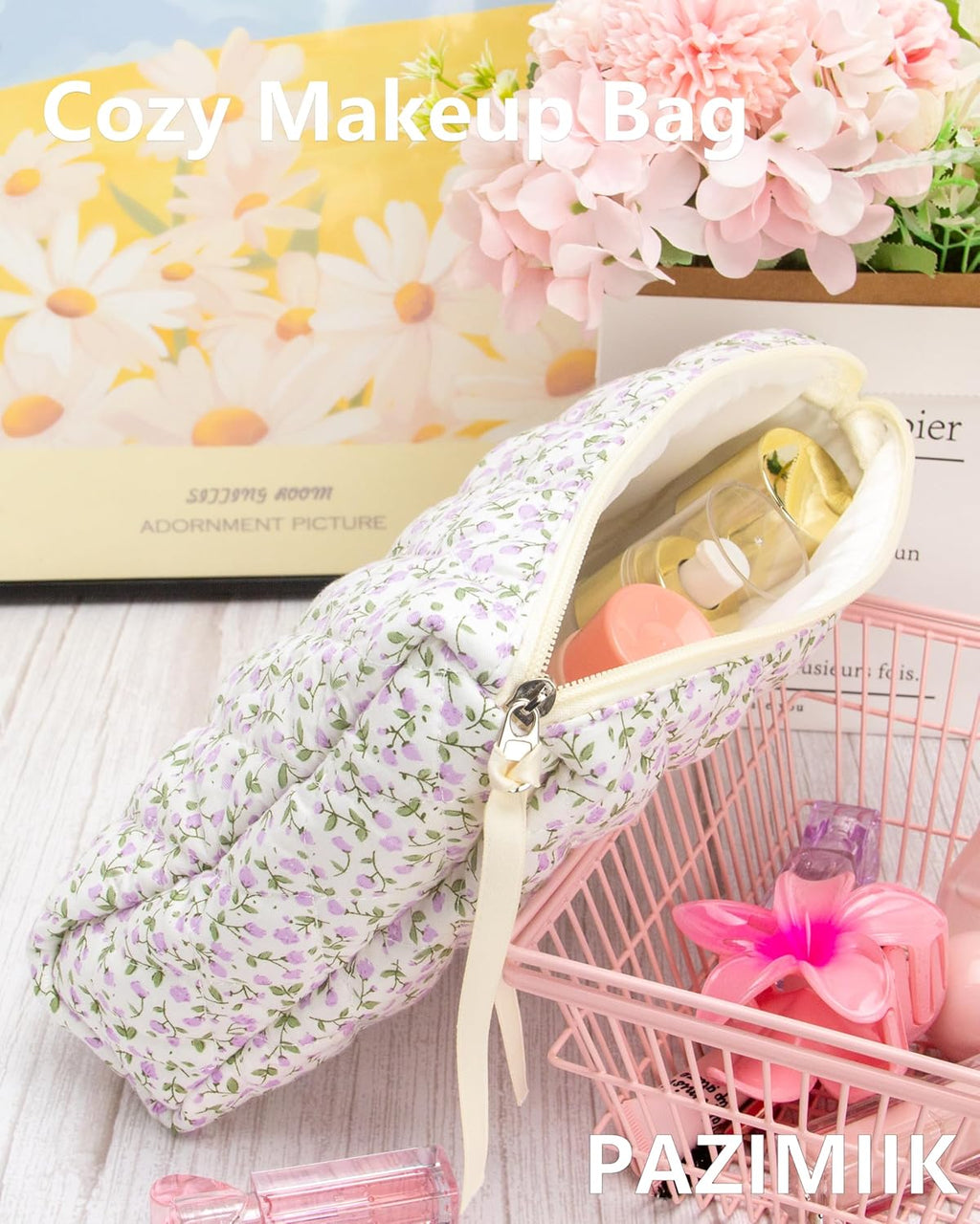 PAZIMIIK 3PCS Makeup Bag SET Large Travel Quilted Zipper Soft Cosmetic Case Pouch for Women Girls Make Up,Floral Purple