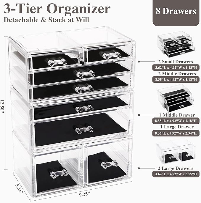 Sea Team 3-Layer Stackable Clear Makeup Organizer with Drawers, Acrylic Plastic Cosmetic Display Case, Jewelry Storage Box, Holder for Dresser, Bathroom, Vanity, Countertop (8 Drawers)