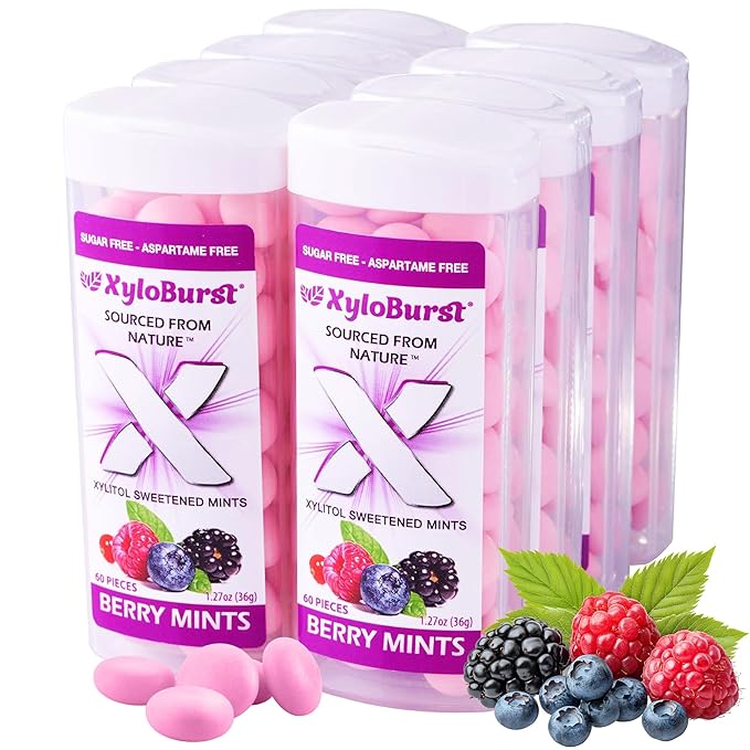 Focus Nutrition, XyloBurst Sugar-Free Xylitol Mint Candy Jars, Berry Mints, 60 Pieces Per Jar - Pack of 8