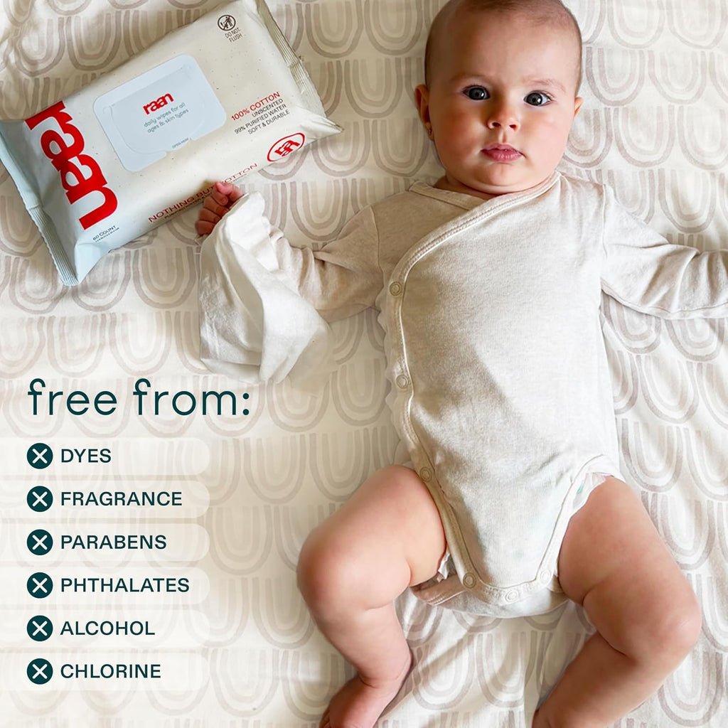 Raan, 100% Cotton Baby & Toddler Wipes, Unbleached, 99% Purified Water, Unscented, EWG verified, Made for Sensitive Skin, Extra Soft and Durable, 8 pack, 480 Count