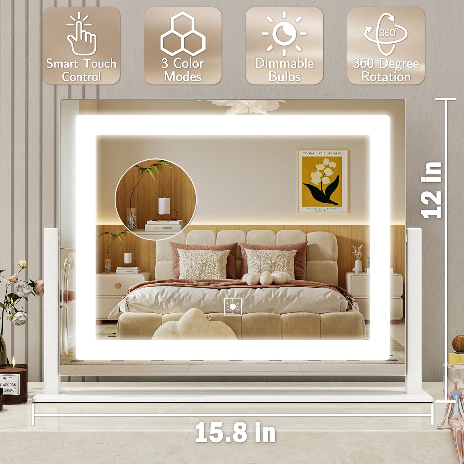 16x12 Inch Vanity Mirror with Lights, Lighted Makeup Mirror with 10X Magnification, Smart Touch 3 Colors Dimmable, Dresser Mount, Bathroom (White)