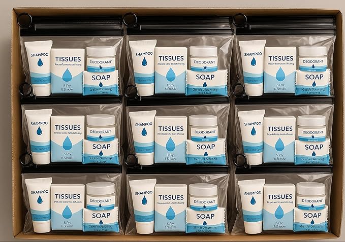 Bulk 50 Deluxe Hygiene Care Packages – 23-Piece Unisex Toiletry Bags with Individually Wrapped Travel-Size Essentials in Waterproof Pouch for Homeless Outreach, Shelters, and Charity Donations