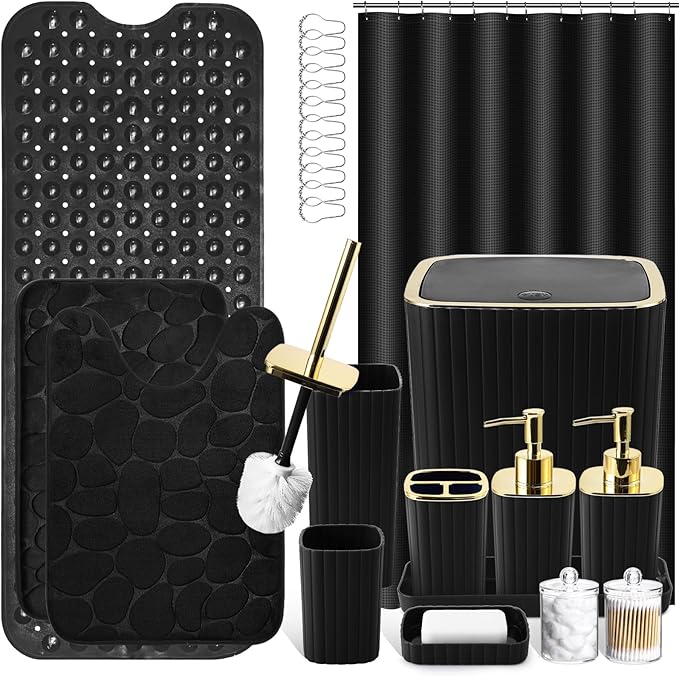 26PC Bathroom Accessories Set - Gorgeous Black Bathroom Set, Bathroom Accessory Set, Black Shower Curtain Set with Bathtub Mats for Shower Tub