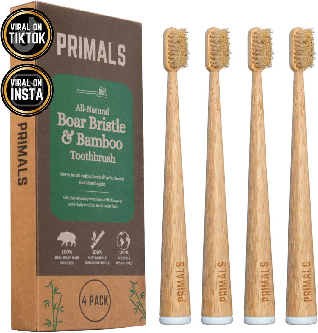 PRIMALS Boar Bristle & Bamboo Toothbrush (4-Pack) - Premium Boar Bristles - Fully Biodegradable - Plastic & Nylon Free - Quick Dry Design