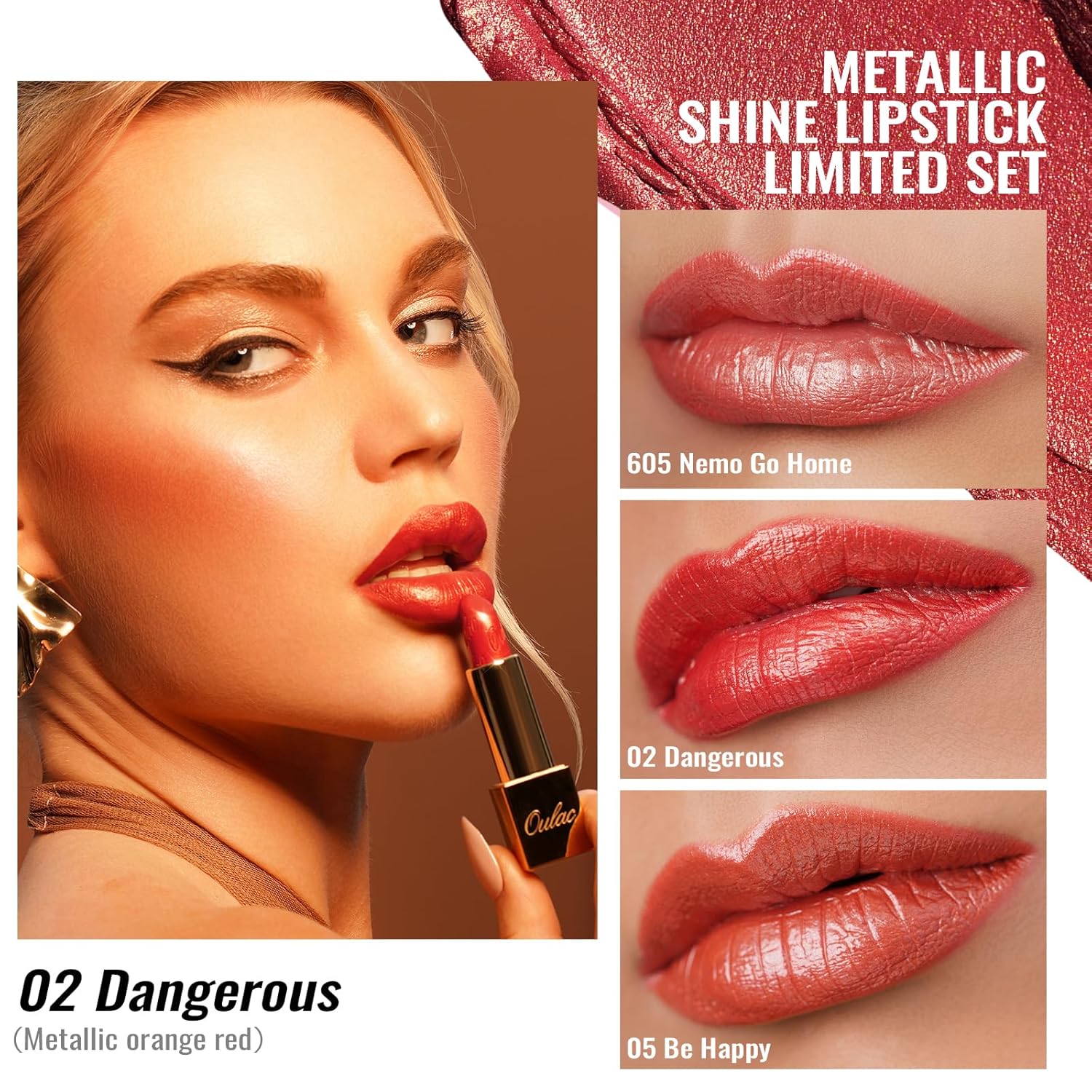 Oulac Metallic Orange Lipstick Set 3PCS, Comfortable Creamy Texture, Smooth No Grainy Feeling, Vegan & Gluten Free, Full-Coverage Lip Makeup, 3 X 4.3 g, 605+02+05