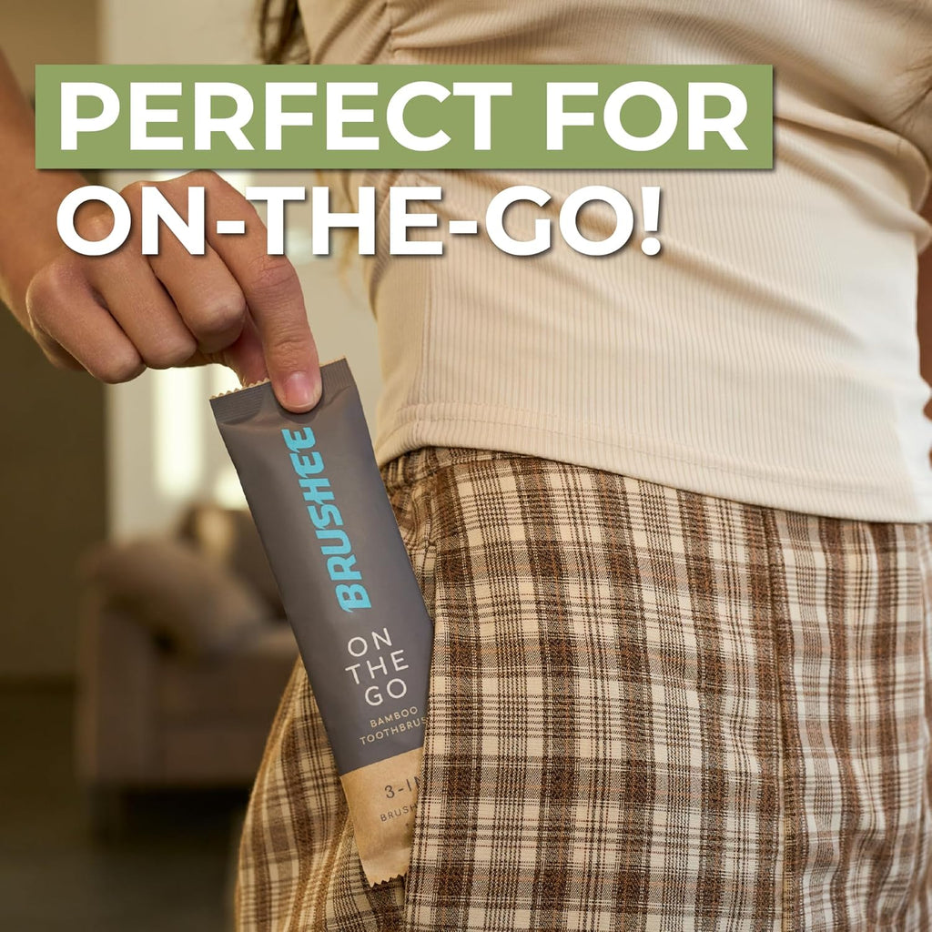 Brushee - 12 Pack Bamboo Toothbrushes Kit - 3-in-1 Travel Toothbrush with Flosser - Soft Eco-Friendly Disposable Toothbrushes with Toothpaste Fresh Mint Flavored - Individually Wrapped for Travel