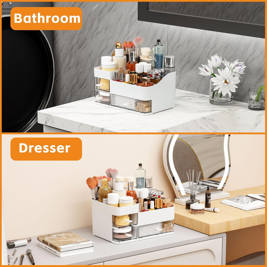 White Makeup Organizer With Drawers,Large Skincare Organizers for Countertop,Desk,Dresser,Plastic Bathroom Counter Organizer for Brush,Palettes,Perfume,Beauty Products Organization,Skin Care Storage