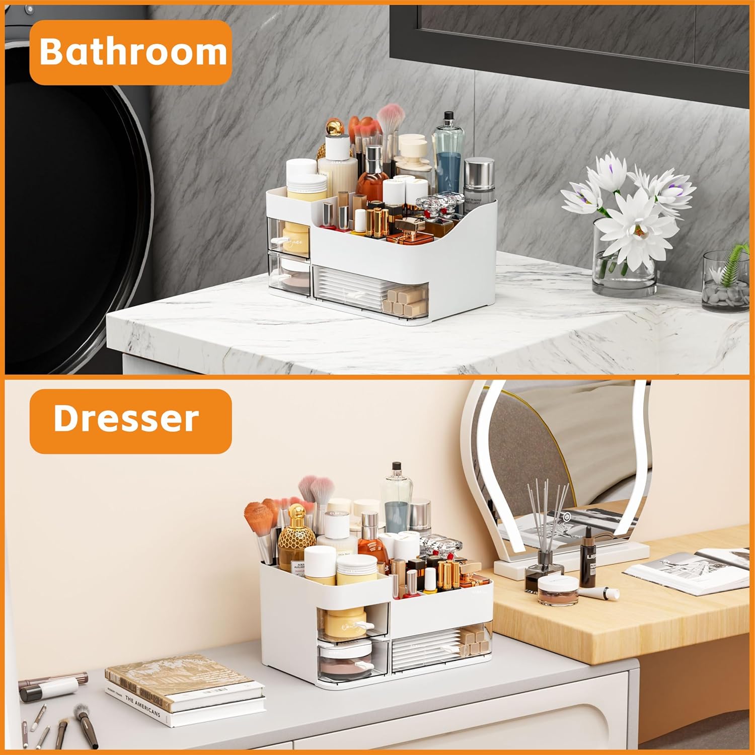 White Makeup Organizer With Drawers,Large Skincare Organizers for Countertop,Desk,Dresser,Plastic Bathroom Counter Organizer for Brush,Palettes,Perfume,Beauty Products Organization,Skin Care Storage