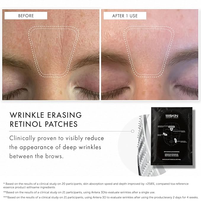 111SKIN Wrinkle Erasing Retinol Patches, Non-Invasive Forehead Wrinkle Patches for Under Eye & Smile Line Set with Vitamin C, Peptides & Microcone Technology, Suitable for All Skin Types, 3 x 1.23 oz