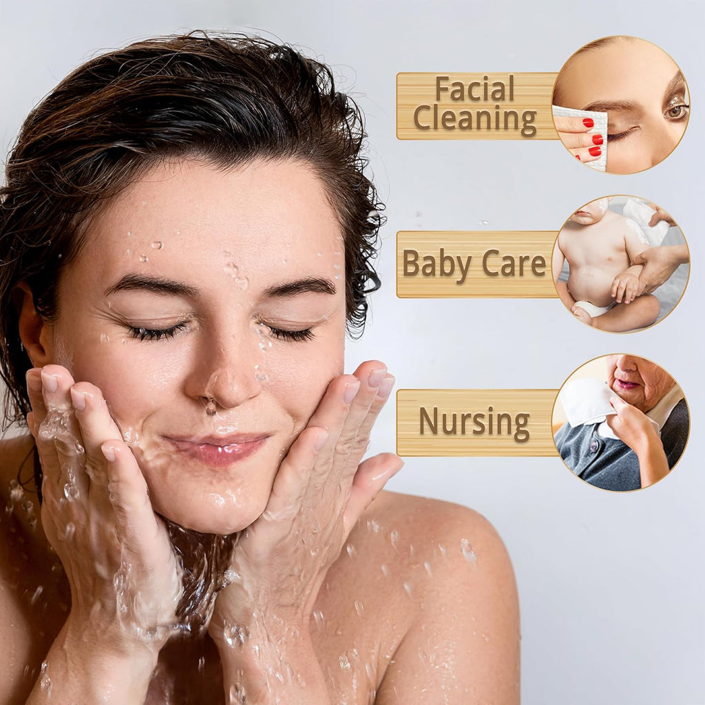 Luxe Bamboo Towel Container (Bamboo Box Towel Holder) with Disposable Face Towels Biodegradable Large Dry Wipes 100 Count Extra Thick Soft Clean Facial Towels for Facial Cleansing