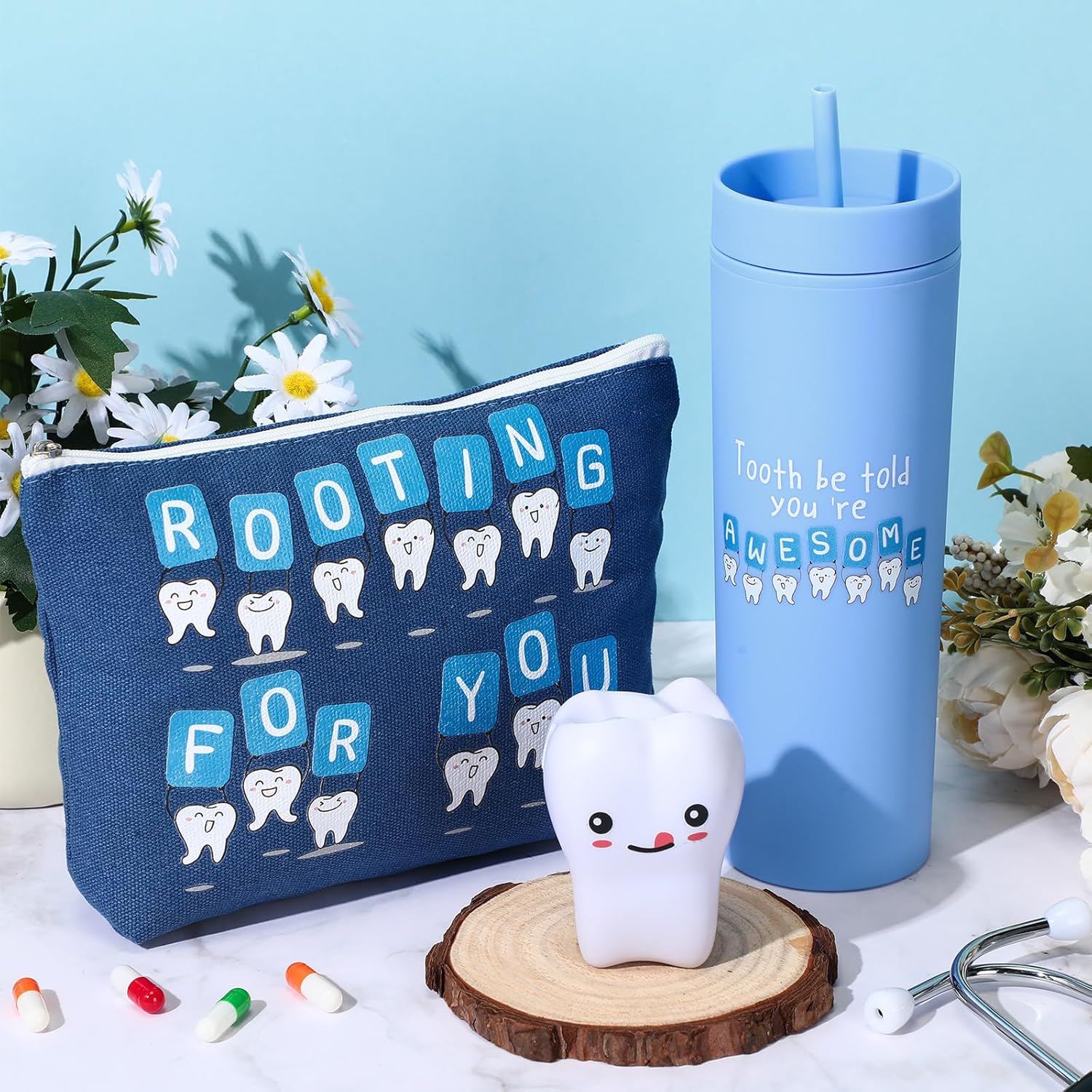 Skylety 3 Pcs Dental Hygiene Month Gifts Dental Assistant Hygienist Appreciation Gift 16oz Tumbler with Lid Cute Teeth Makeup Bag Stress Toy Employee Thank You Dentist Coworker Nurse Student(Blue)