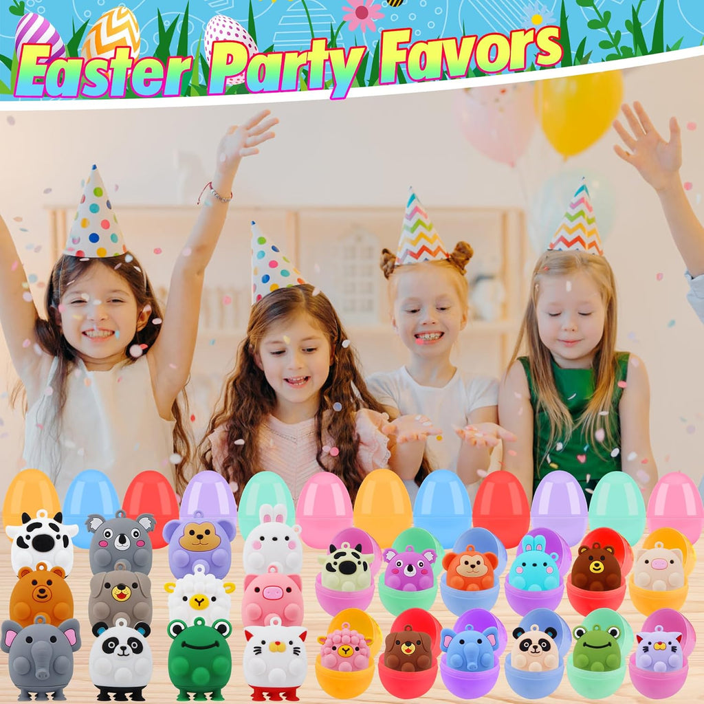 24 Pack Prefilled Easter Eggs with Animal Pop Toys, Filled Easter Eggs for Egg Hunt, Easter Basket Stuffers for Kids,Easter Party Favors Prizes, Prefilled Easter Eggs with Toys