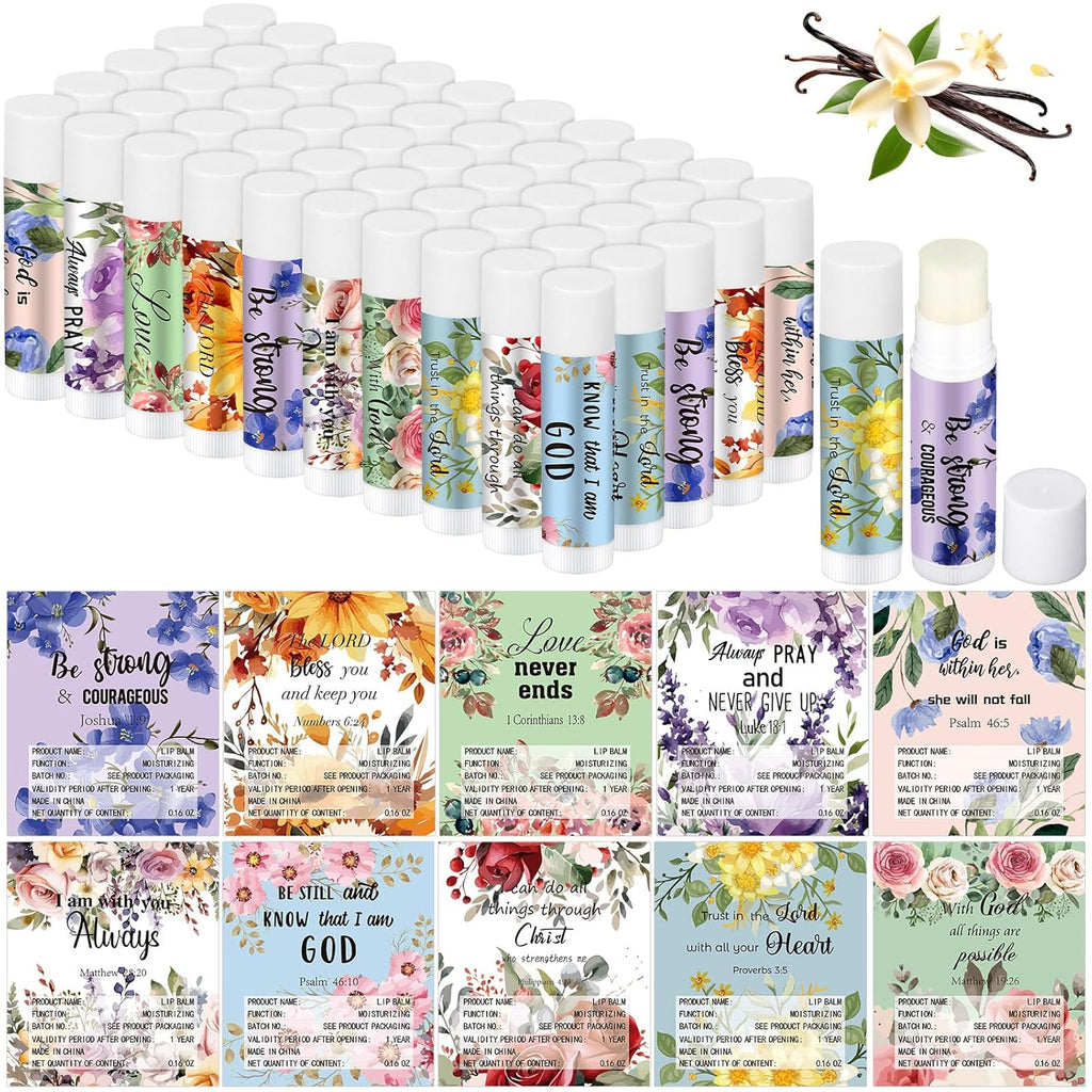 50 Pack Christian Religious Gifts Bulk Lip Balms for Women Men Church Party Favors Bulk Bible Verse Lip Balm with Scripture Inspirational Gifts for Coworkers Staff Employee (Christian Floral)