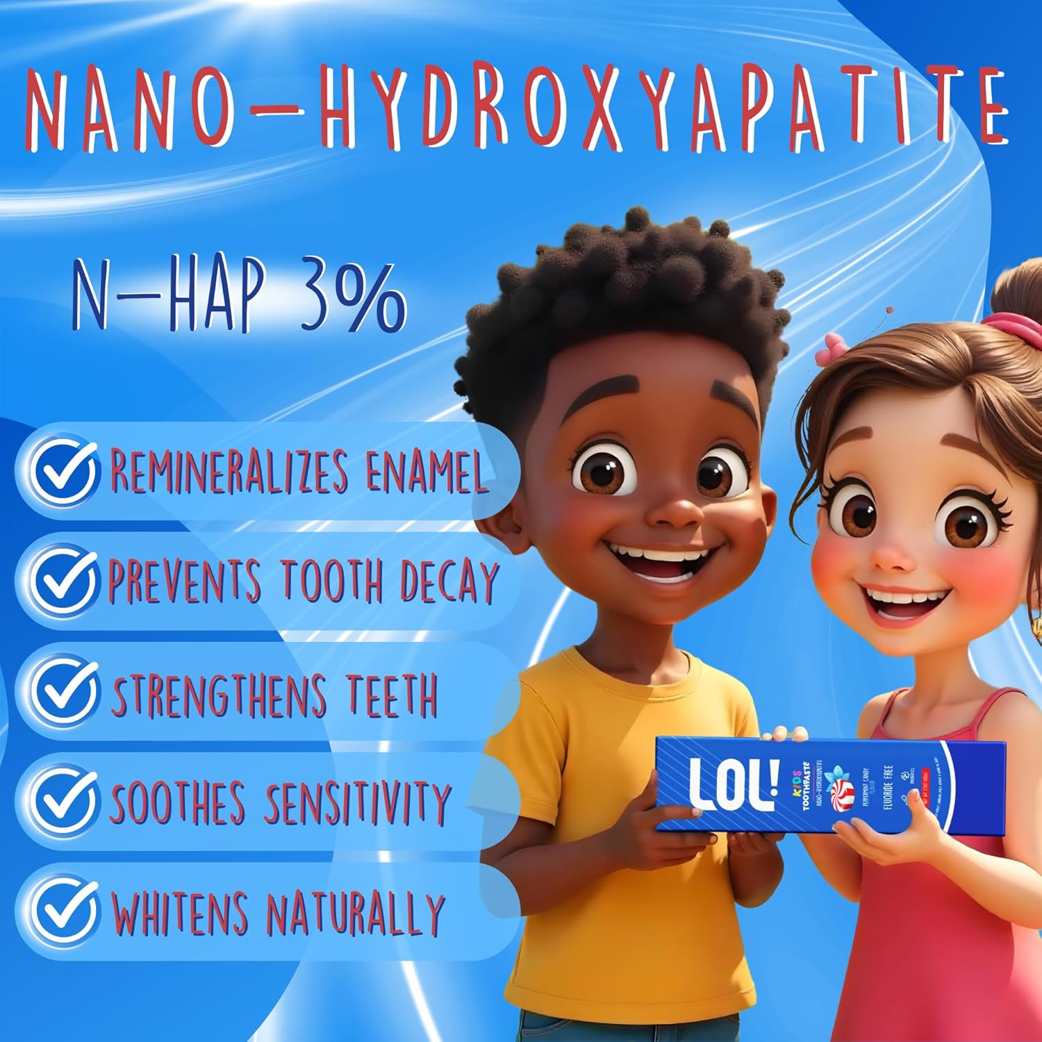 LOL Kids Toothpaste | Fluoride Free 2-Flavors Pack | Nano Hydroxyapatite Toothpaste, Probiotics, Vitamins A, C, E | Safe if Swallowed, No SLS | 1 Strawberry, 1 Peppermint