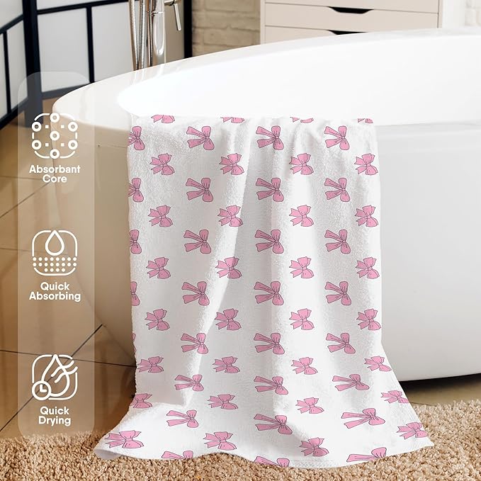Pink Preppy Bow Beach Towel, Preppy Coquette Bow Pool Towels, Pink Girly Large Beach Bath Travel Towels for Teen Girls Women Swimming, Coquette Girly Bows Bathroom Accessories Decor, 30x60in