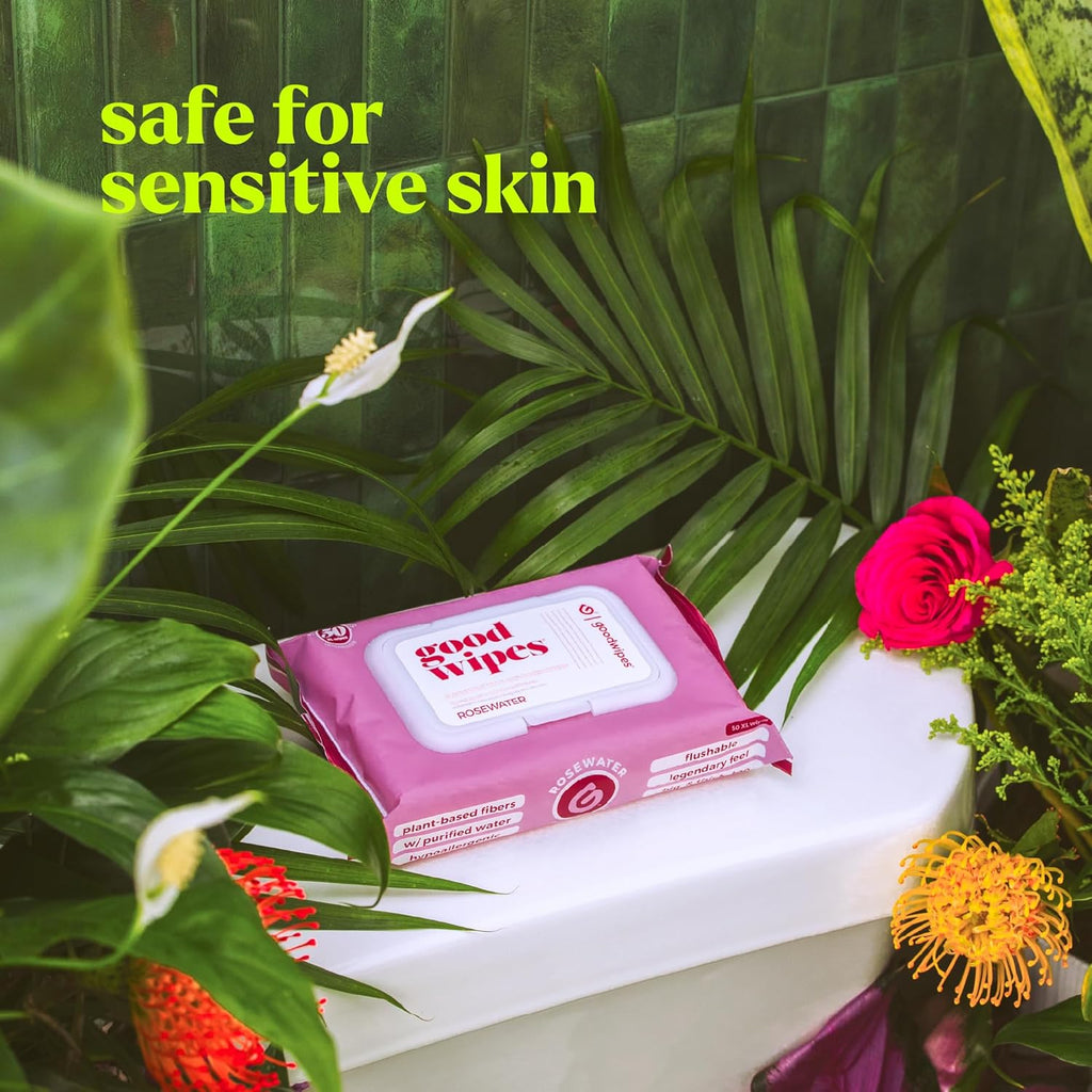 goodwipes Flushable Butt Wipes - Vitamin E & Aloe - Sewer & Septic Safe - Extra Large Adult Wet Wipes For Women & Men - Bathroom Essentials - Rosewater, 418 Count (8 Packs + 1 Travel)