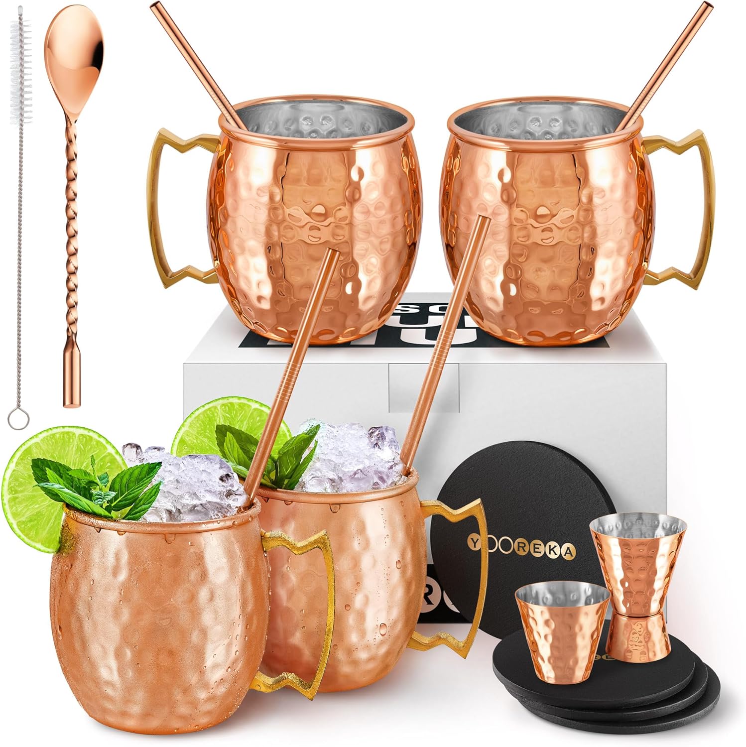 Gift Set Moscow Mule Mugs Set of 4 16 oz Copper Plated Stainless Steel 4 Straws 4 Coasters Jigger Shot Glass Stirring Spoon, Cleaning Brush