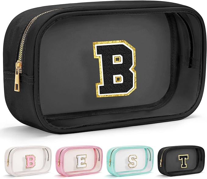 YOOLIFE Initial Travel Makeup Bag Pouch, Clear Toiletry Bag for Women Travel Accessories Cosmetic Bag Skin Care for Teen Make Up Bags Birthday Gifts for Women Unique Teacher Mom Friends Gifts Black B