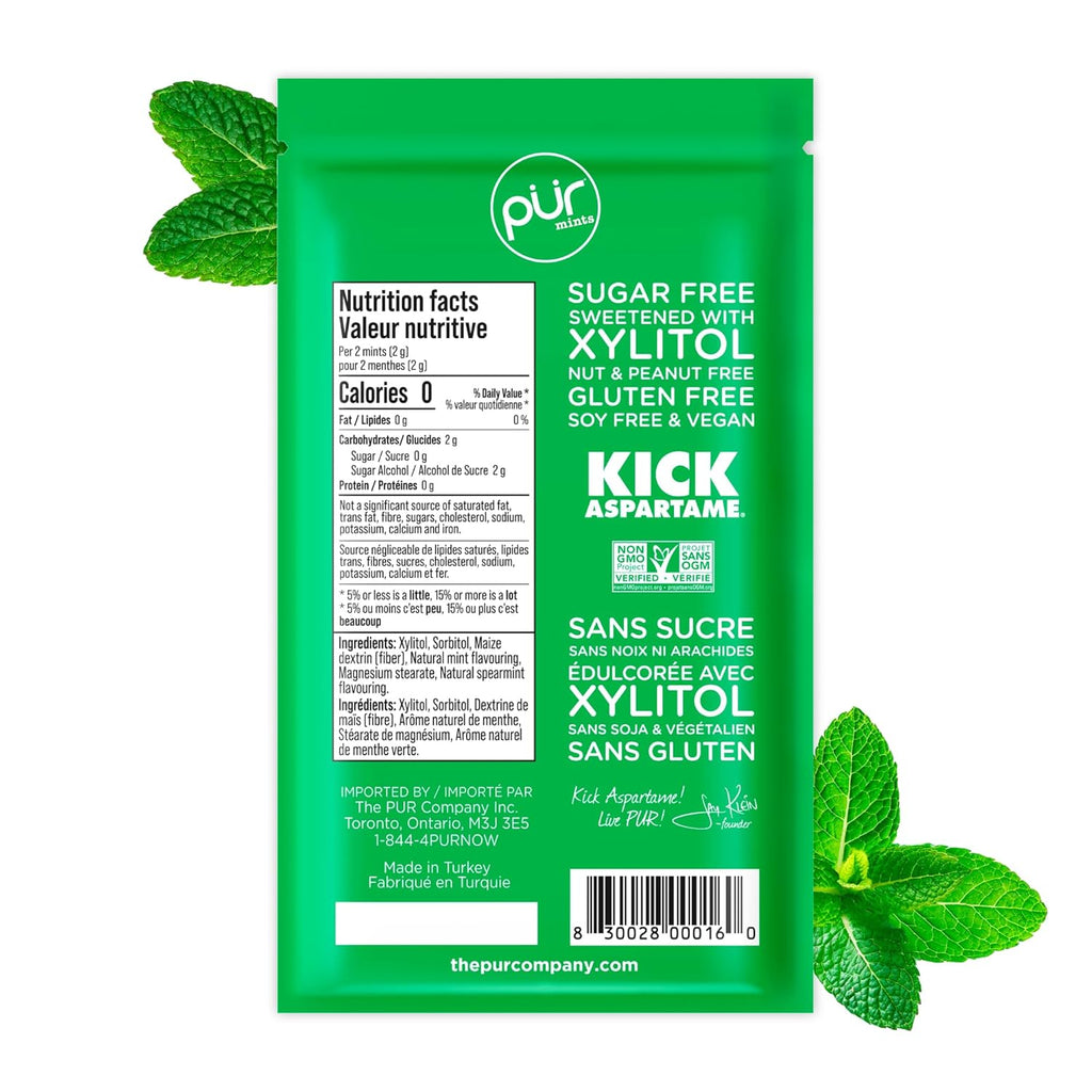 PUR Mints | Aspartame Free Breath Mints | Made with Xylitol | Sugar Free, Vegan, Gluten Free | Natural Spearmint Flavor | 65 Pieces in Re-Sealable pouch (Pack of 3)