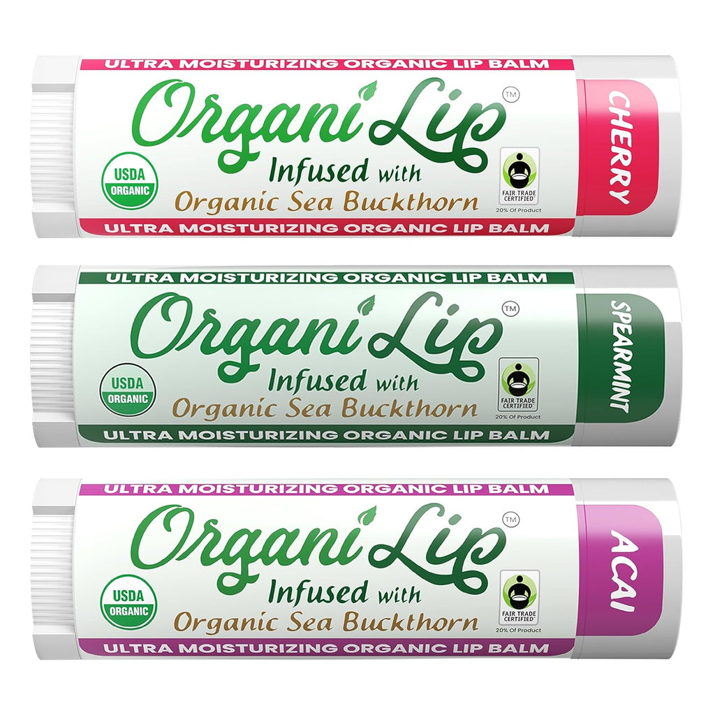 OrganiLip Organic Lip Balm, Variety3 Pack (Spearmint, Cherry, Acai), Ultra Hydrating Lip Moisturizer for Dry Lips, USDA Certified Organic,
