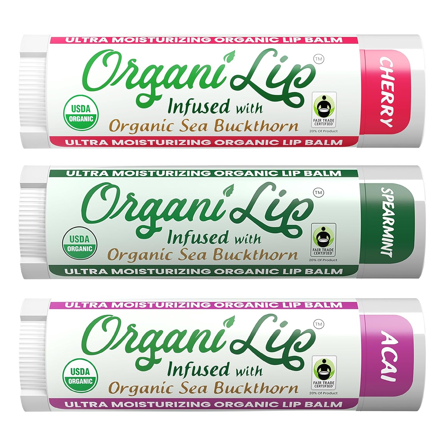 OrganiLip Organic Lip Balm, Variety3 Pack (Spearmint, Cherry, Acai), Ultra Hydrating Lip Moisturizer for Dry Lips, USDA Certified Organic,